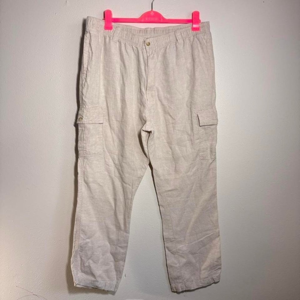 CARIBBEAN 100% Linen Pants Men's Size 42x32 Relaxed Fit Beige Aloha Vacation